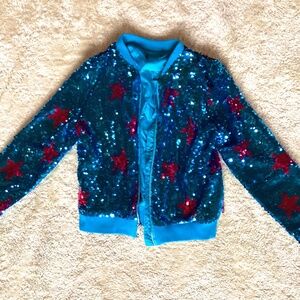 JoJo Siwa Jacket with blue Sequences and hot pink stars.